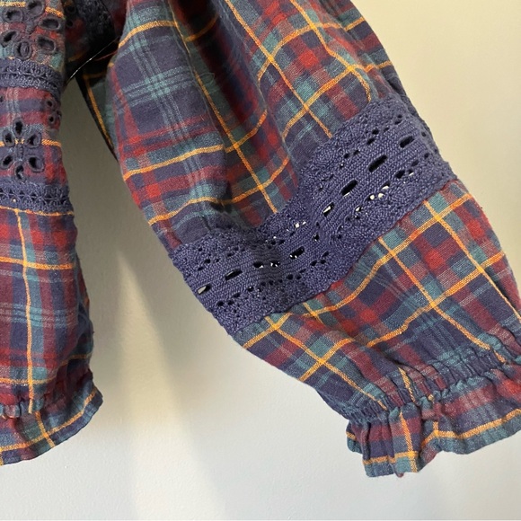 American Eagle Plaid Peasant Top Cropped Square Neck Blouse Small - Picture 6 of 10